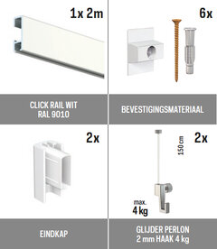 all-in-one kit 2 m Click Rail wit RAL 9010 + glijder 2 mm perlon 150 cm + mini haak 4 kg