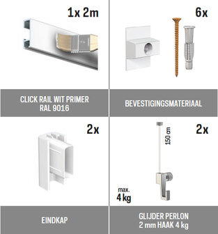 all-in-one kit 2 m Click Rail wit primer + glijder 2 mm perlon 150 cm + mini haak 4 kg