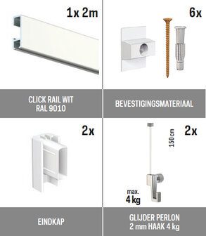 all-in-one kit 2 m Click Rail wit RAL 9010 + glijder 2 mm perlon 150 cm + mini haak 4 kg