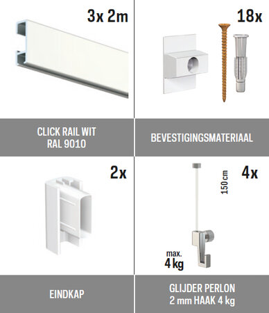 all-in-one kit 6 m Click Rail wit RAL 9010 + glijder 2 mm perlon 150 cm + mini haak 4 kg