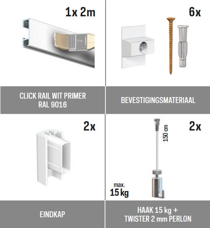 all-in-one kit 2 m Click Rail wit primer RAL 9016 + Twister 2 mm perlon 150 cm + haak 15 kg