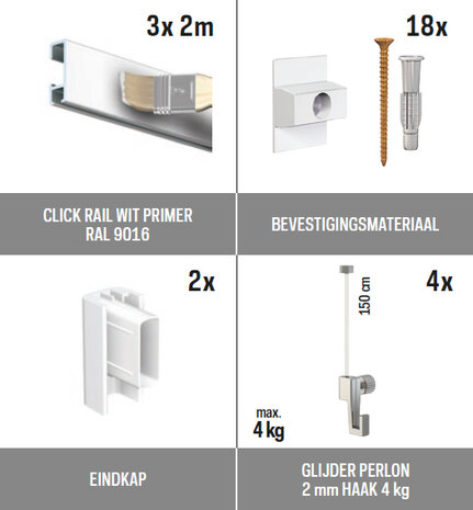 all-in-one kit 6 m Click Rail wit primer RAL 9016 + glijder 2 mm perlon 150 cm + mini haak 4 kg