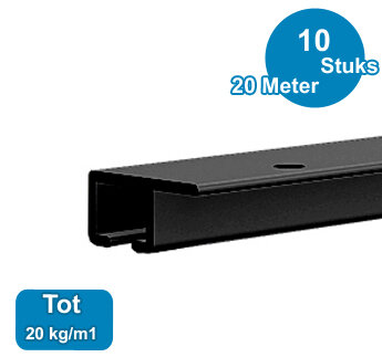 TOP RAIL, ZWART ANOD, 200cm, max. 20 kg/m1, per 10 stuks 9.4323