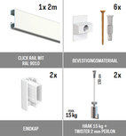 all-in-one kit 2 m Click Rail wit RAL 9010 + Twister 2 mm perlon 150 cm + haak 15 kg all-in-one kit 2 m Click Rail wit RAL 9010 + Twister 2 mm perlon 150 cm + haak 15 kg