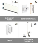 all-in-one kit 2 m Click Rail wit RAL 9010 + glijder 2 mm perlon 150 cm + mini haak 4 kg all-in-one kit 2 m Click Rail wit RAL 9010 + glijder 2 mm perlon 150 cm + mini haak 4 kg